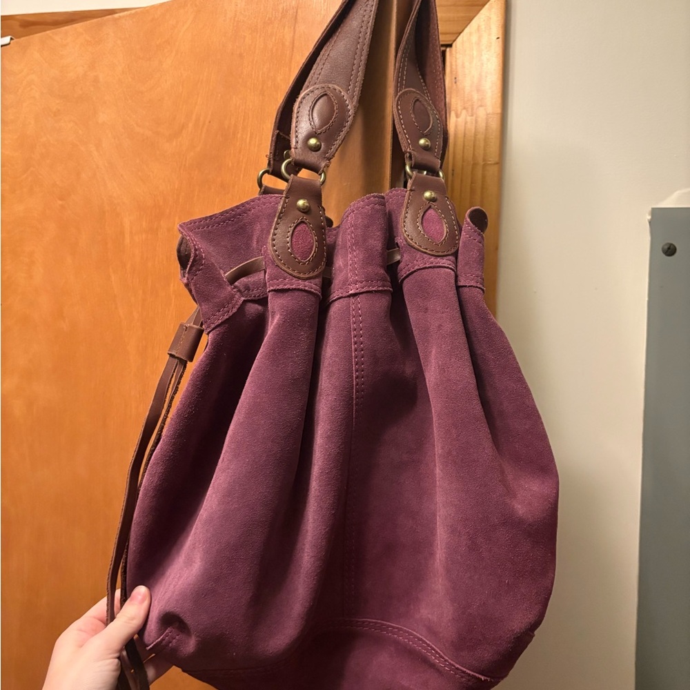 Lucky Brand Plum Suede Bucket Shoulder Bag with Brown Trim - Picture 5 of 5